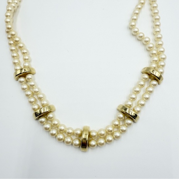 Vintage Monet Gold Tone accents and Faux Pearls Beads 2 Strand Necklace - Picture 4 of 8